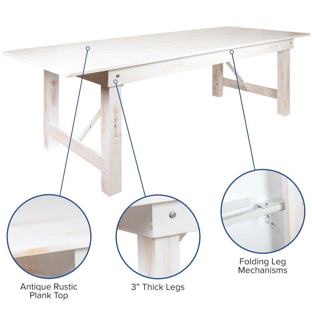 9' x 40" Antique Rustic White Folding Farm Table and Two Bench Set. Picture 4