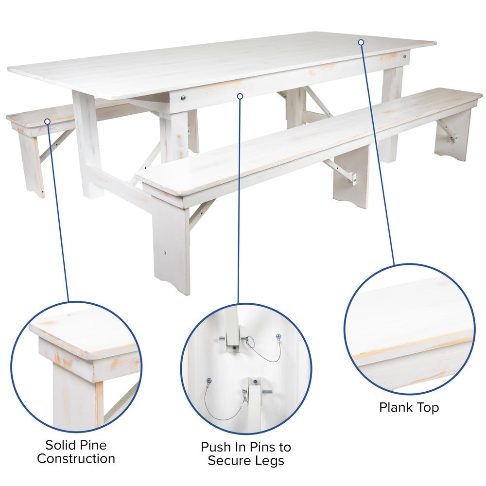 HERCULES Series 9' x 40" Antique Rustic White Folding Farm Table and Two Bench Set. Picture 6