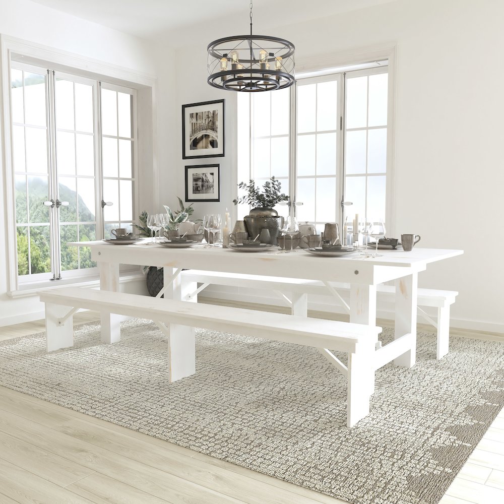 9' x 40" Antique Rustic White Folding Farm Table and Two Bench Set. Picture 2