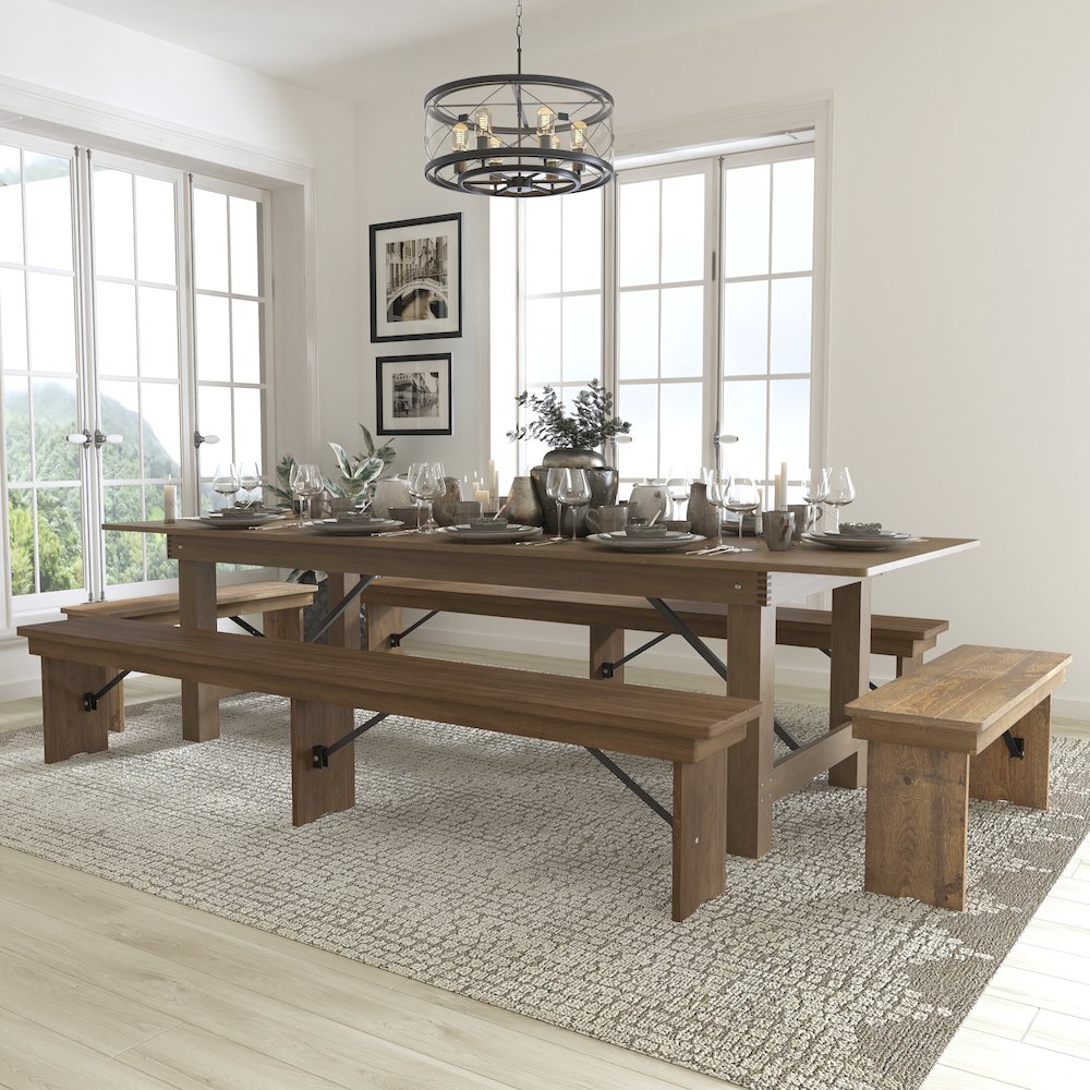 9' x 40'' Antique Rustic Folding Farm Table and Four Bench Set. Picture 2