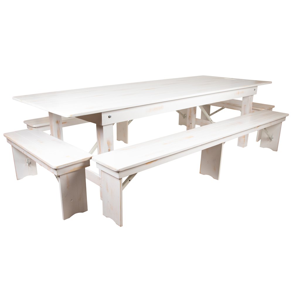 9' x 40" Antique Rustic White Folding Farm Table and Four Bench Set. Picture 1