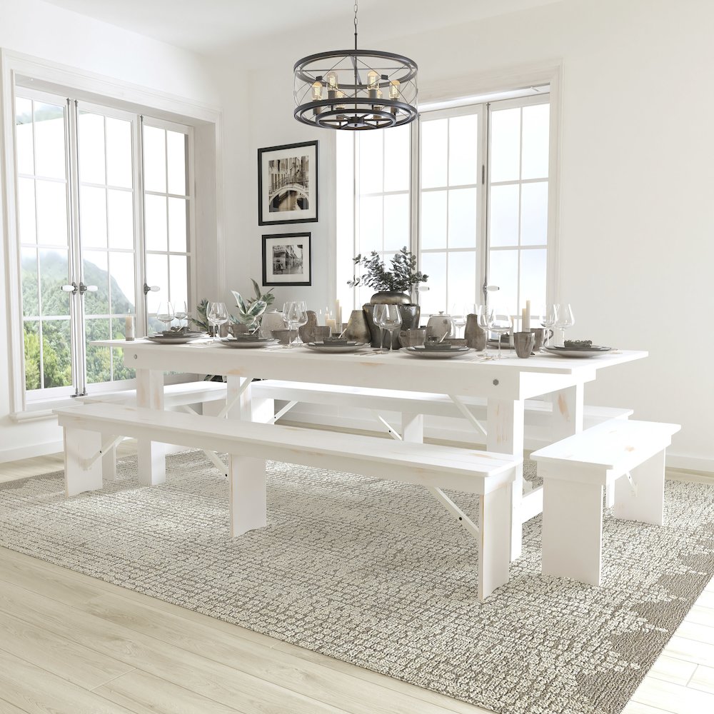 9' x 40" Antique Rustic White Folding Farm Table and Four Bench Set. Picture 2