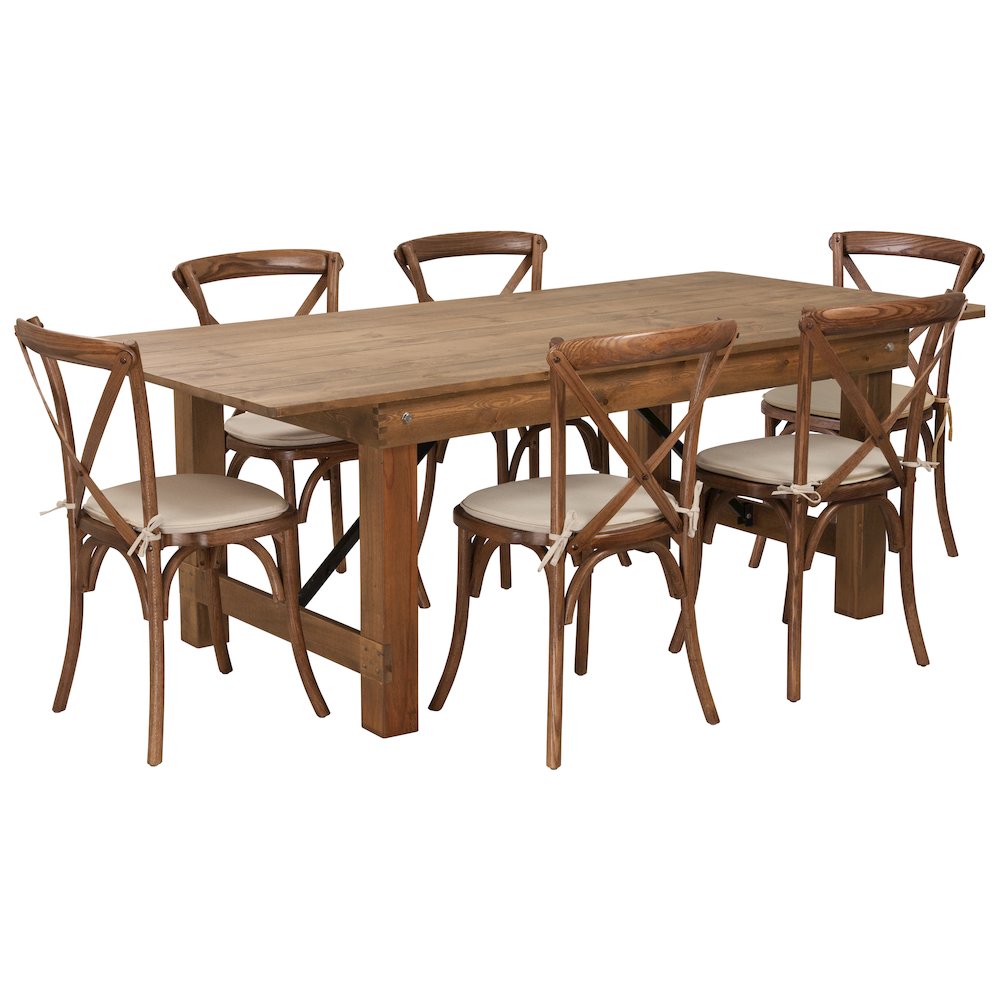 7' x 40'' Antique Rustic Folding Farm Table Set with 6 Cross Back Chairs and Cushions. Picture 1