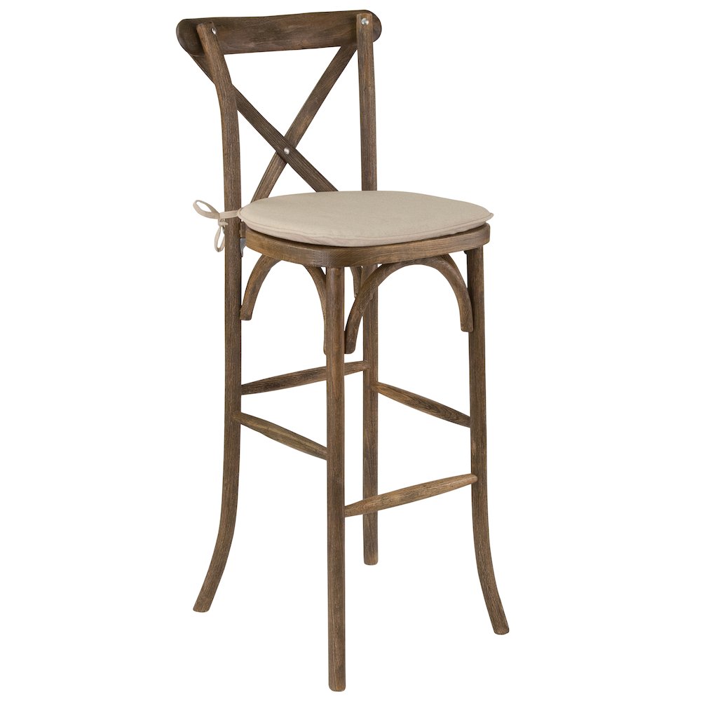 Dark Antique Wood Cross Back Barstool with Cushion. Picture 1