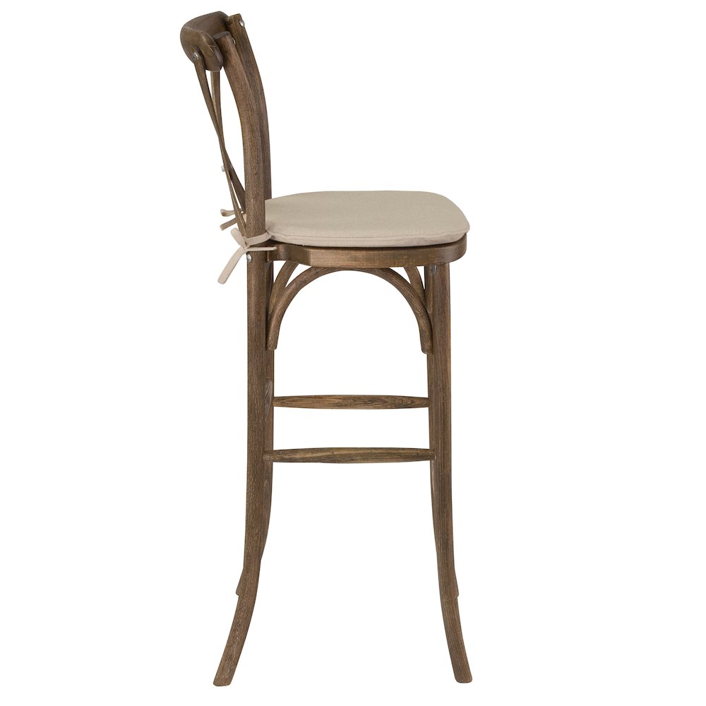 Dark Antique Wood Cross Back Barstool with Cushion. Picture 2