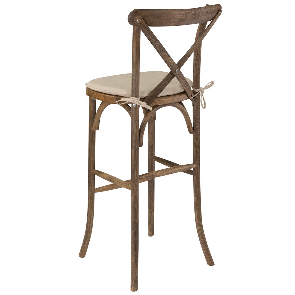 Dark Antique Wood Cross Back Barstool with Cushion. Picture 3