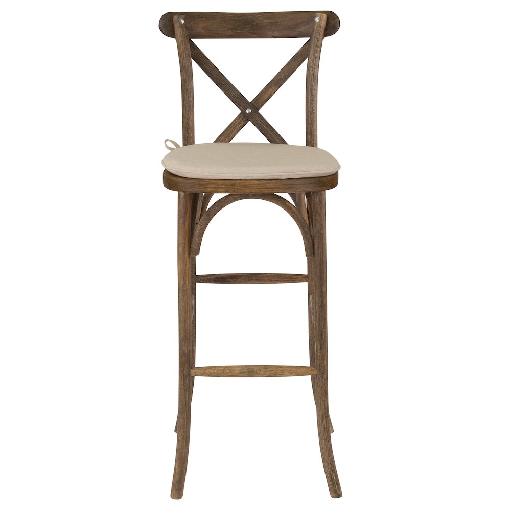 Dark Antique Wood Cross Back Barstool with Cushion. Picture 4