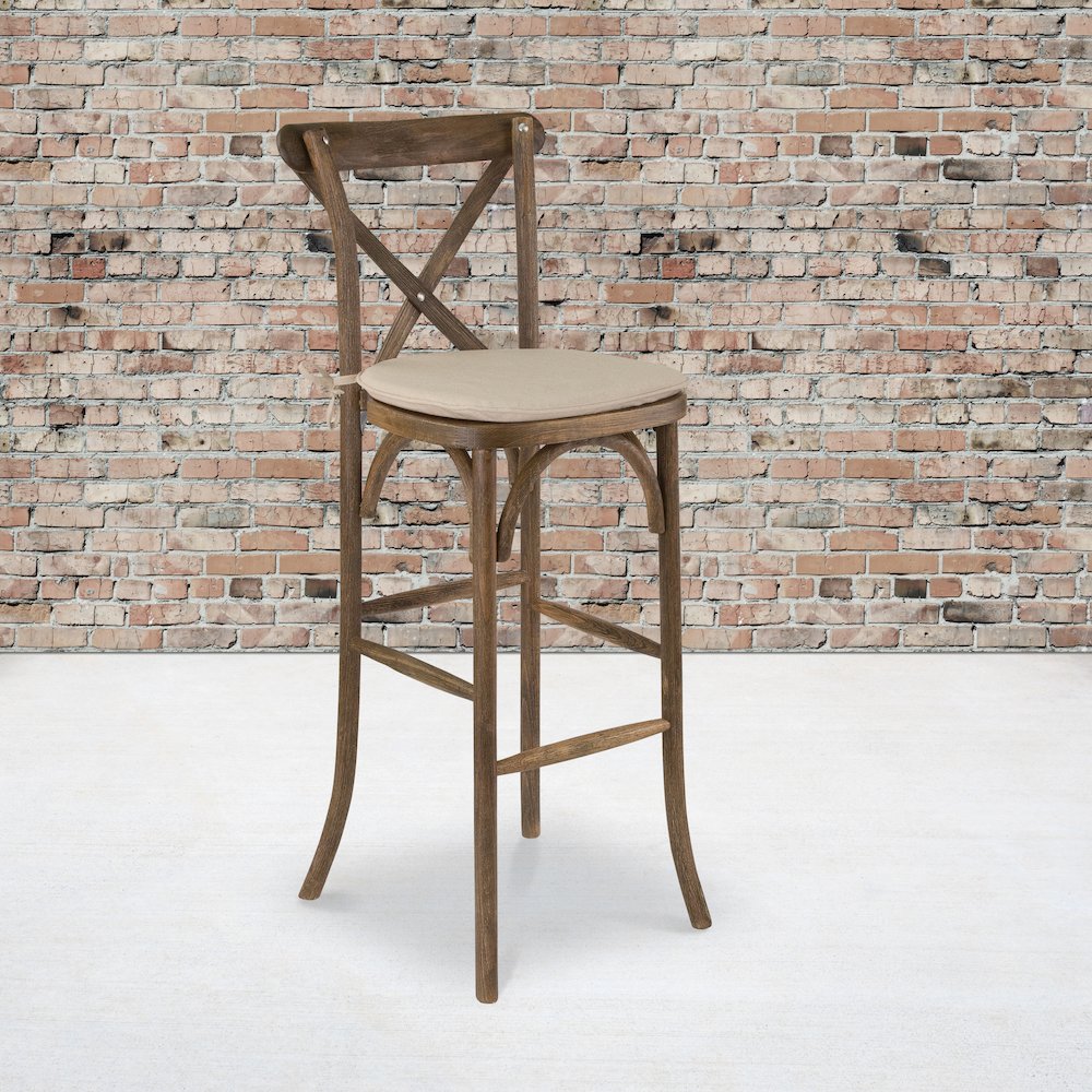 Dark Antique Wood Cross Back Barstool with Cushion. Picture 5