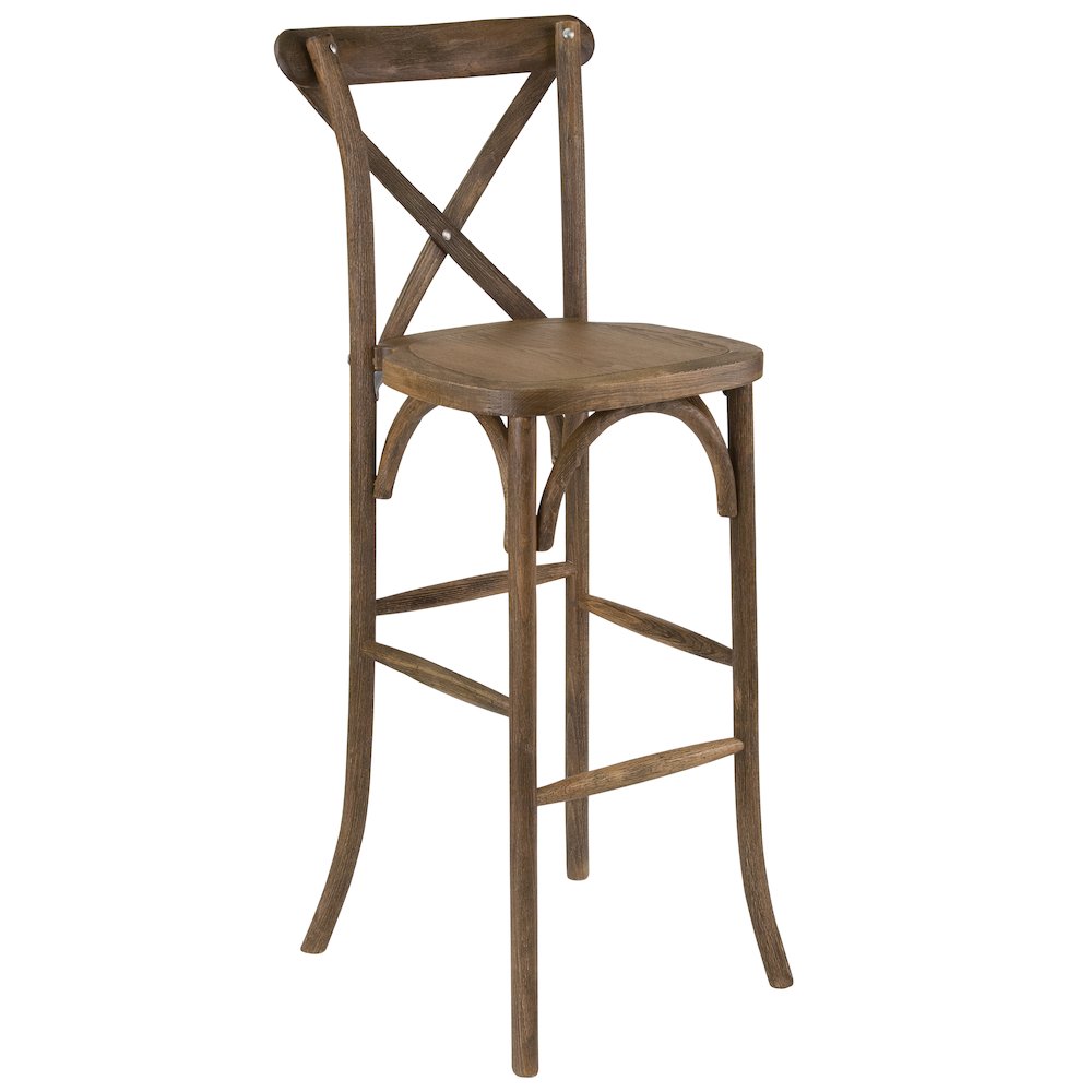 Dark Antique Wood Cross Back Barstool. Picture 1