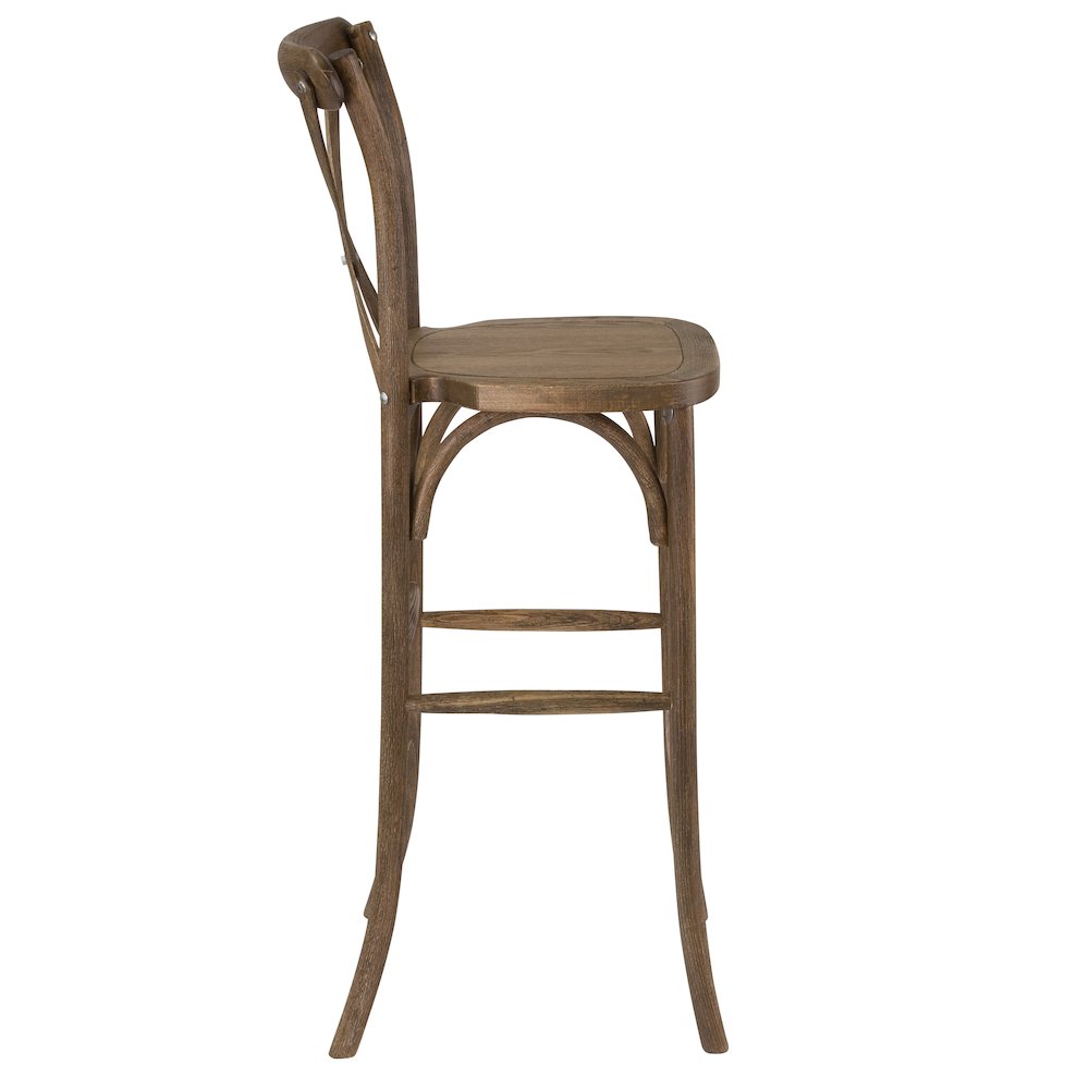 Dark Antique Wood Cross Back Barstool. Picture 2
