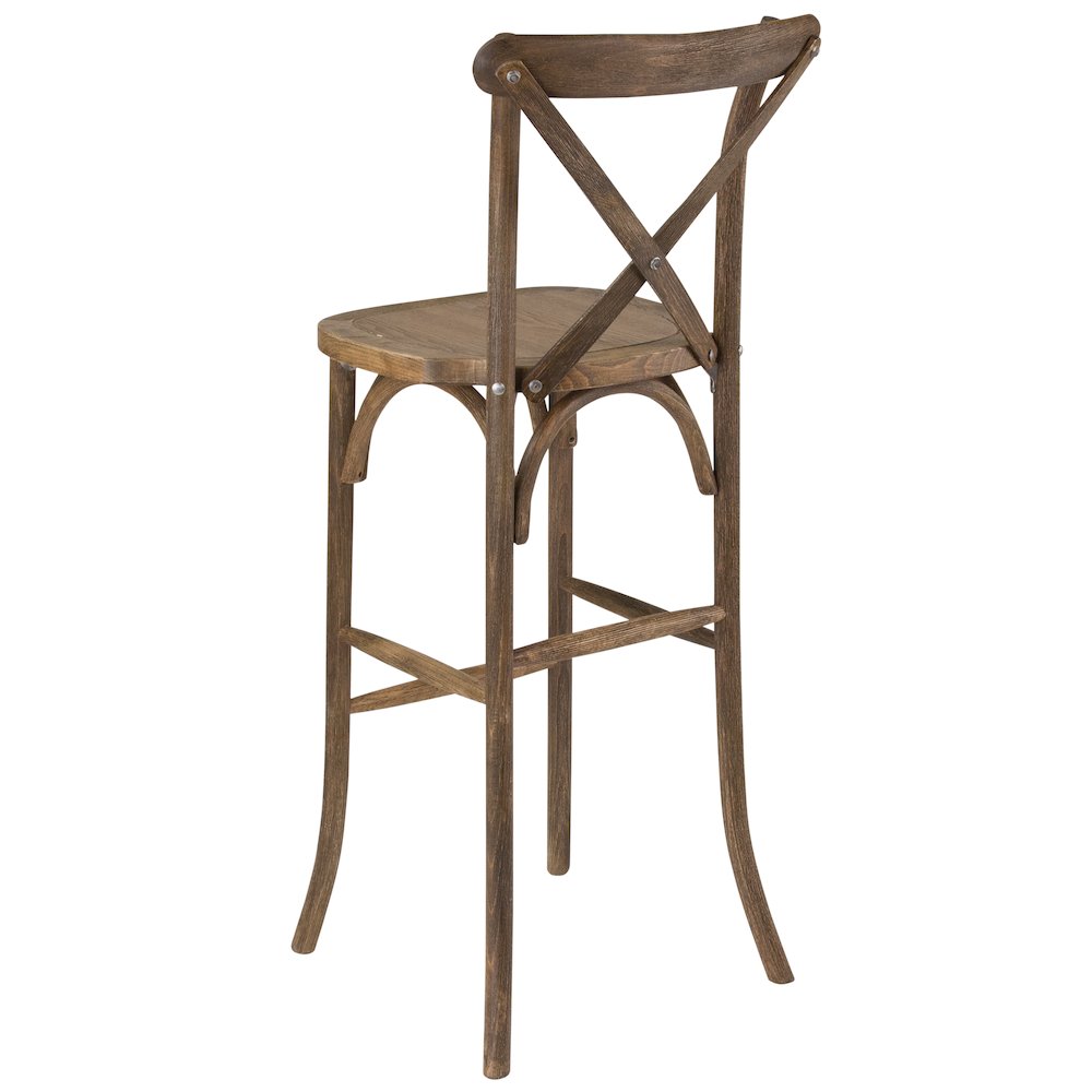 Dark Antique Wood Cross Back Barstool. Picture 3