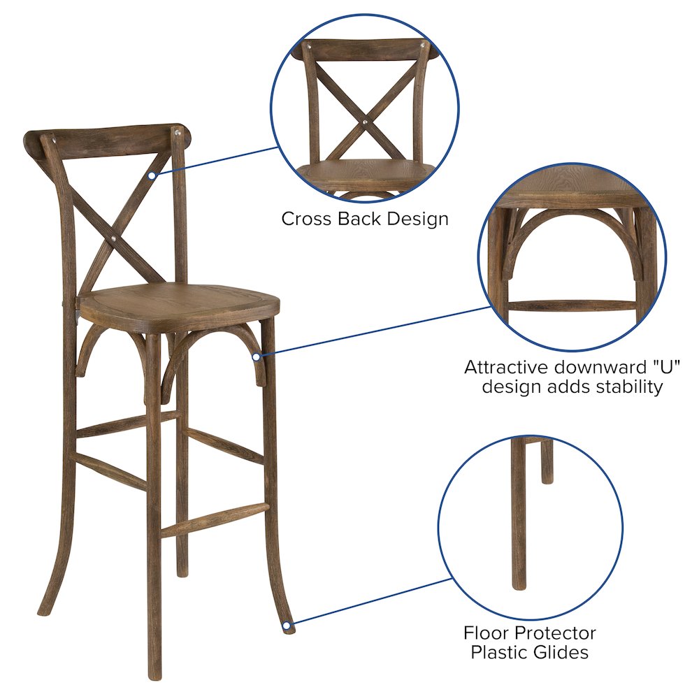 Dark Antique Wood Cross Back Barstool. Picture 5