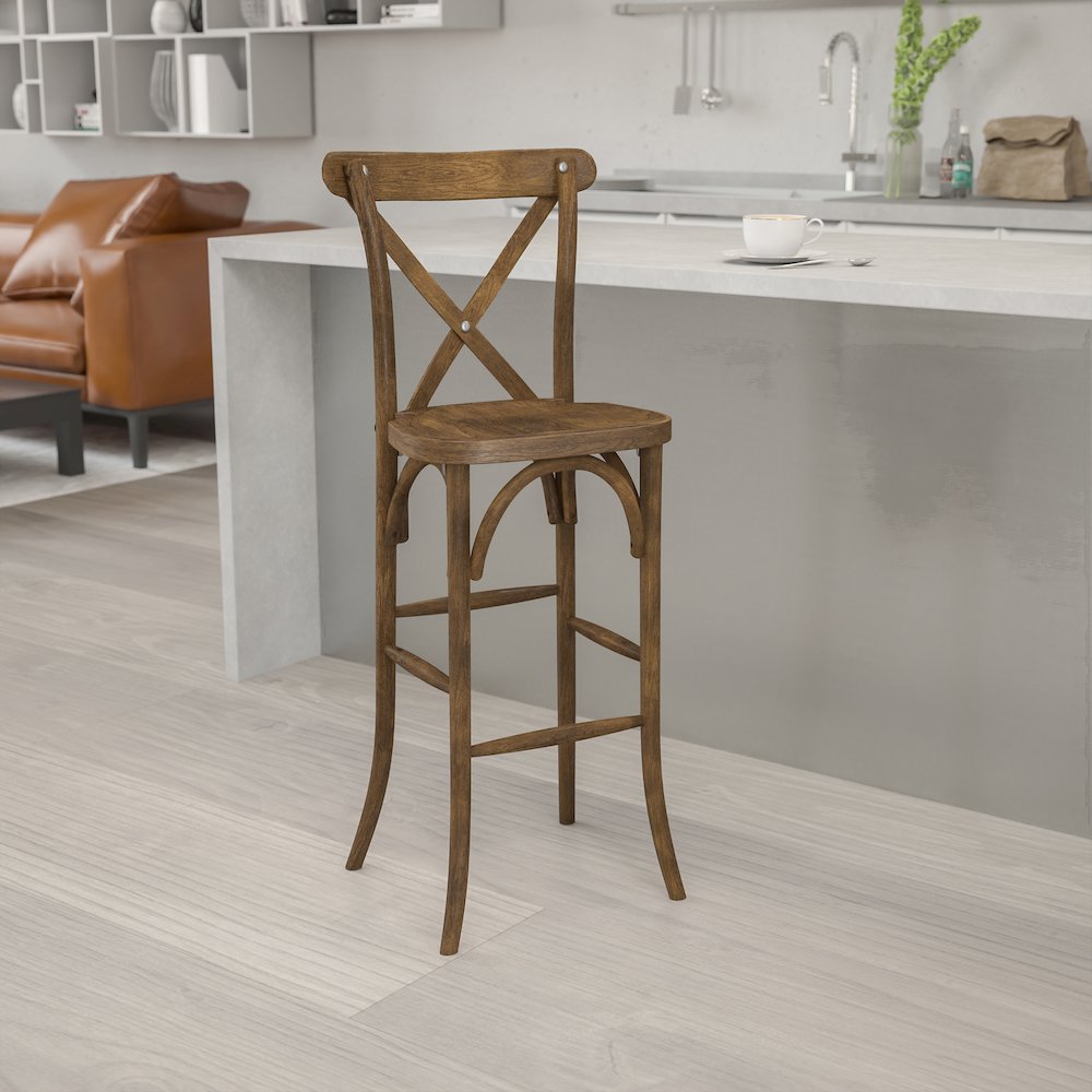 Dark Antique Wood Cross Back Barstool. Picture 5