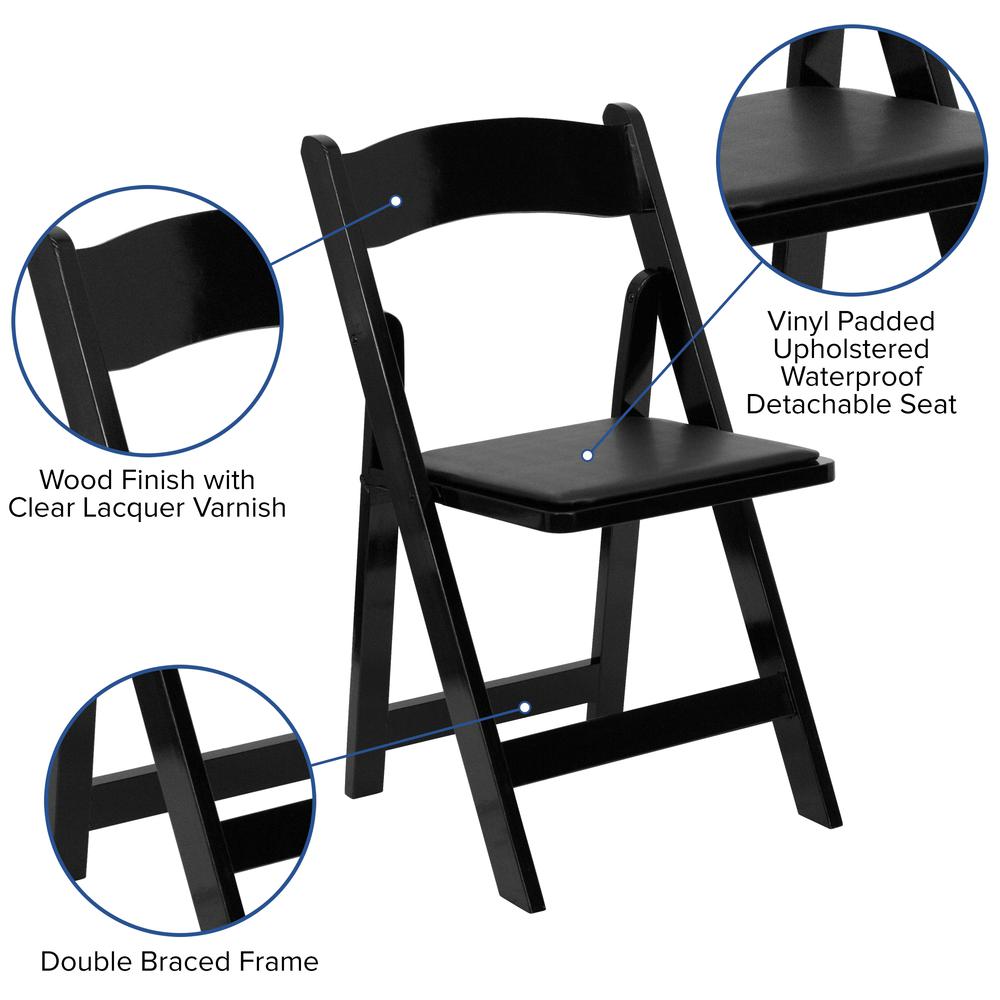 Black Wood Folding Chair with Vinyl Padded Seat. Picture 16