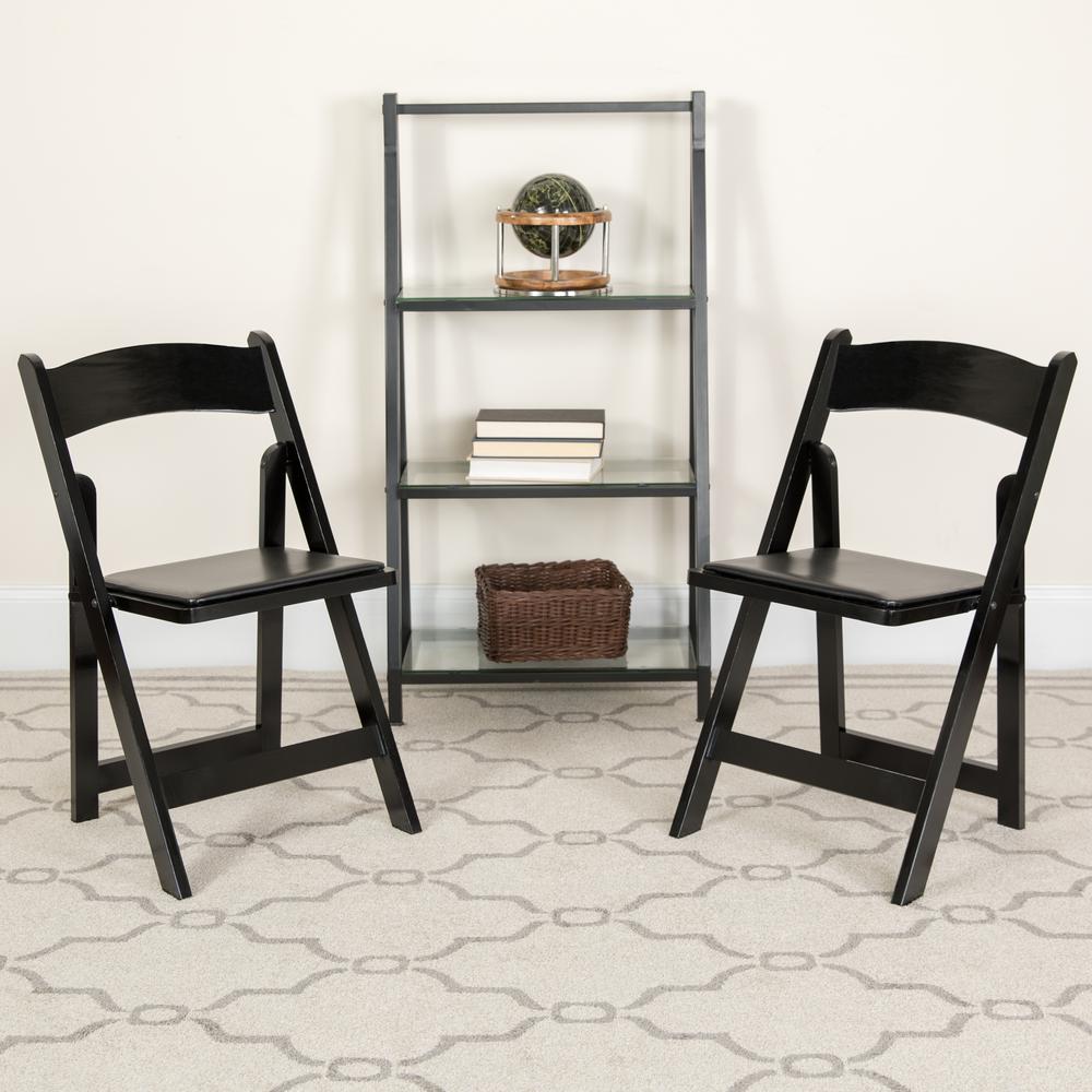 Black Wood Folding Chair with Vinyl Padded Seat. Picture 19