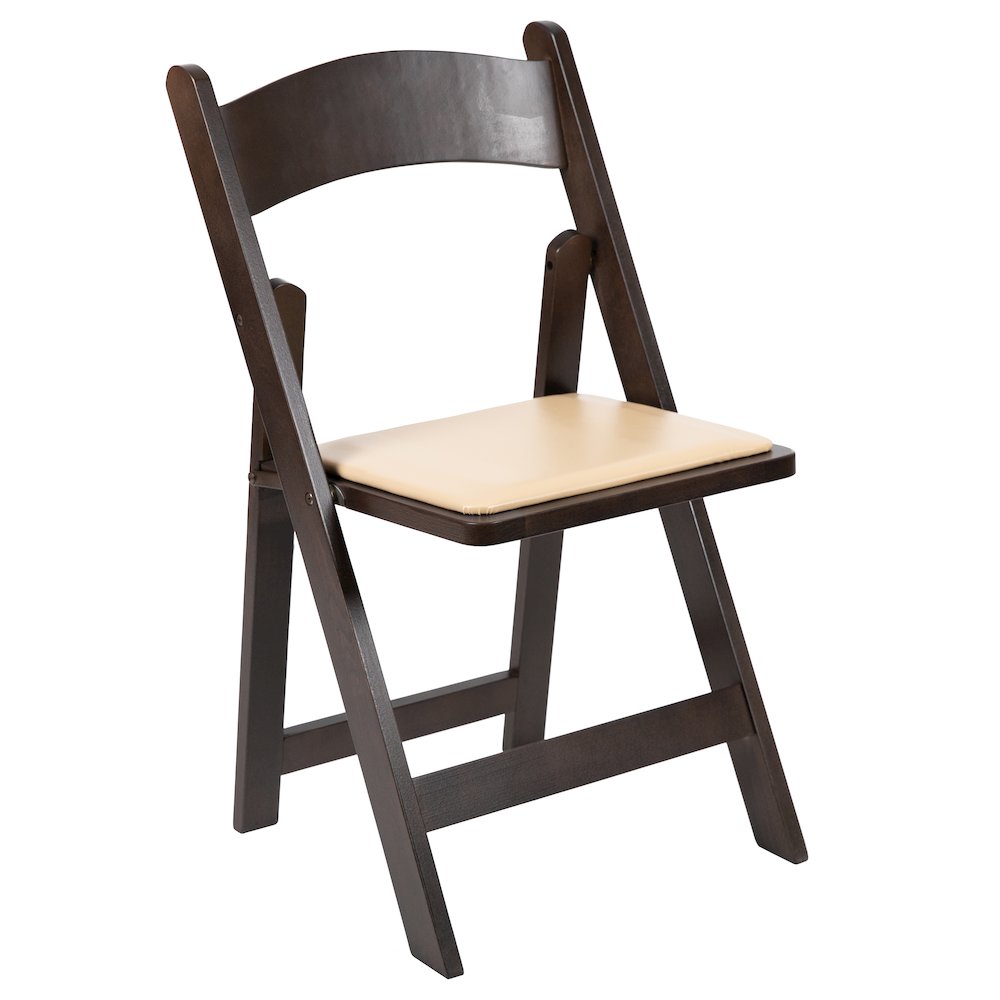 Chocolate Wood Folding Chair with Vinyl Padded Seat. Picture 1