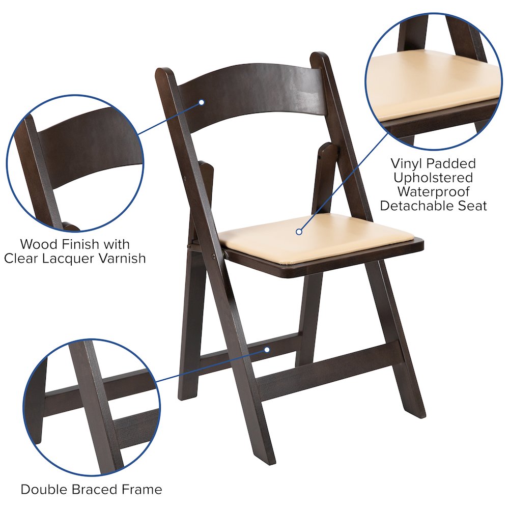 Chocolate Wood Folding Chair with Vinyl Padded Seat. Picture 5