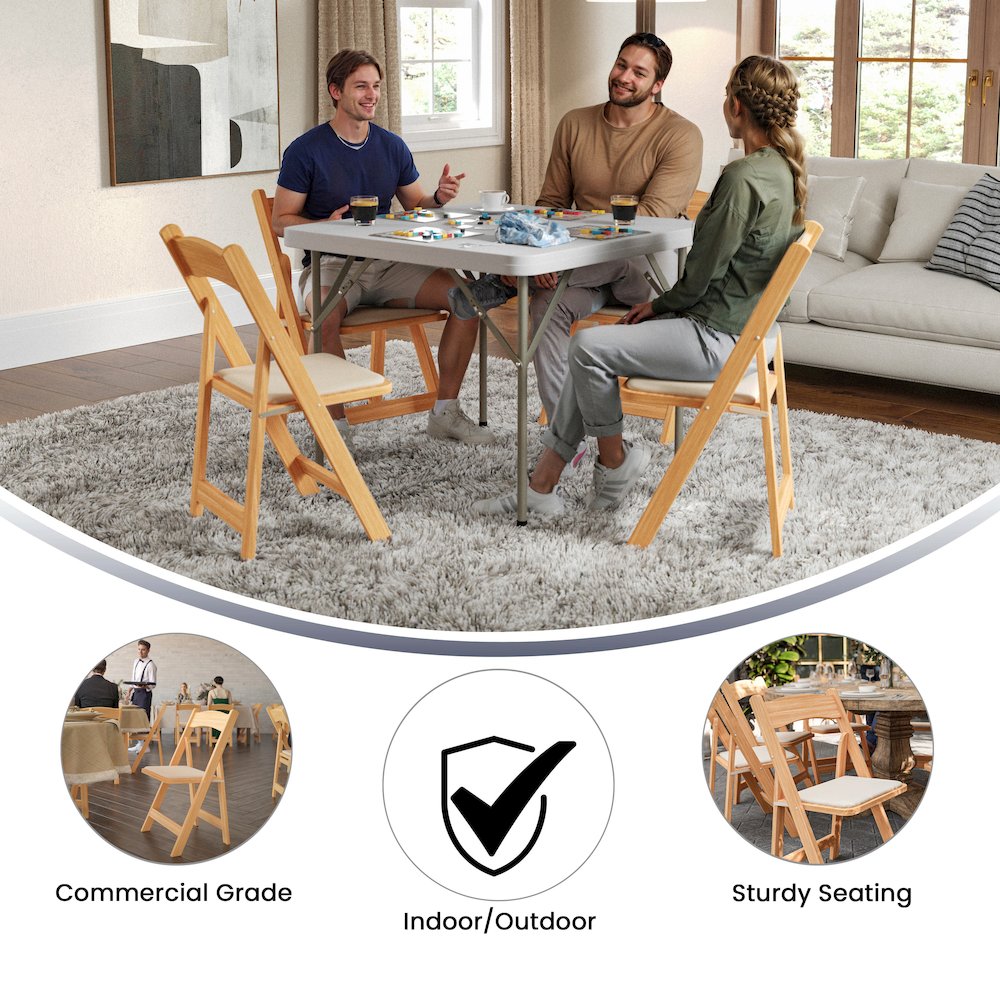 2 Pack HERCULES Series Natural Wood Folding Chair with Vinyl Padded Seat. Picture 6