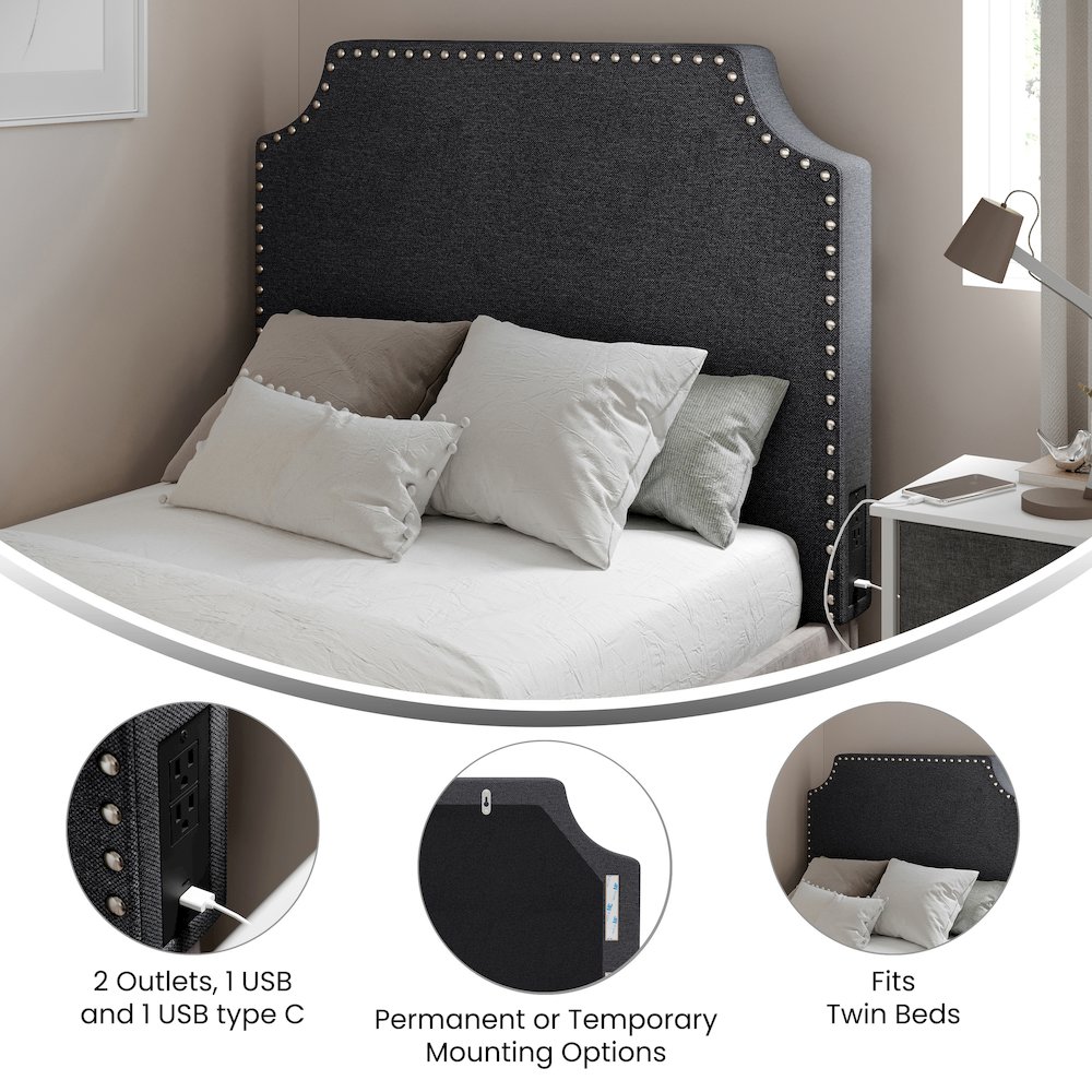 Twin Headboard with Two Power Outlets, USB Port, and USB Type-C Port, Gray Linen. Picture 4