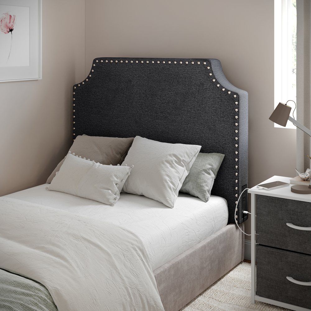 Twin Headboard with Two Power Outlets, USB Port, and USB Type-C Port, Gray Linen. Picture 3