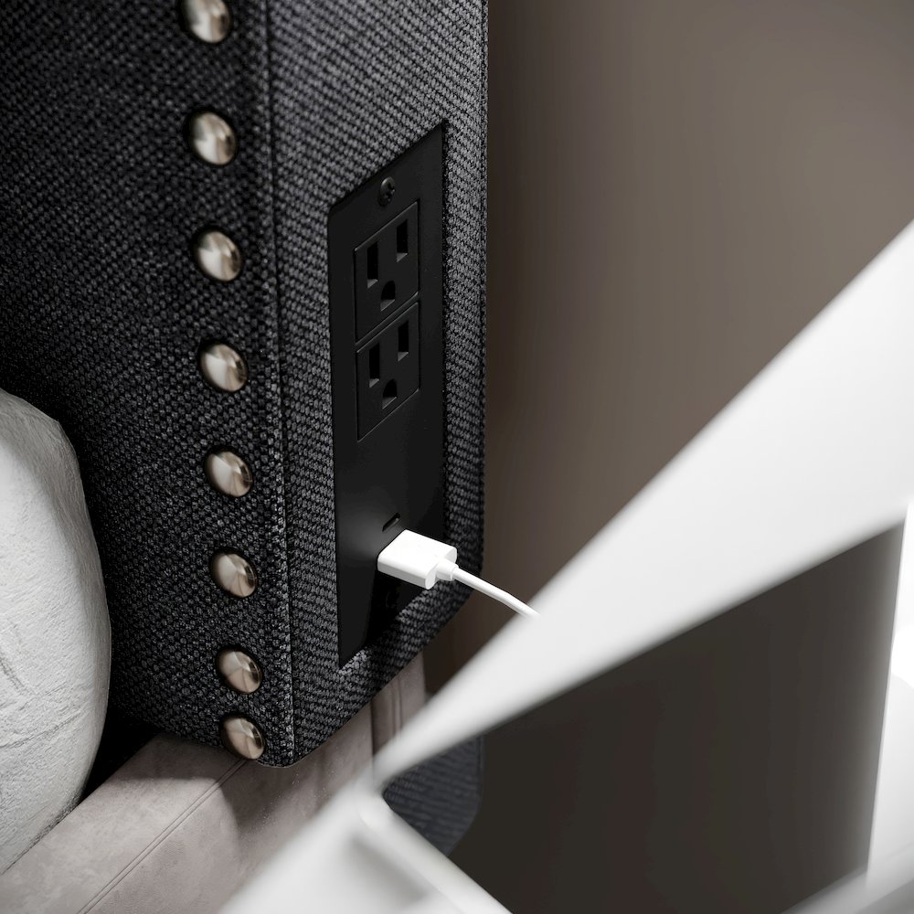 Twin Headboard with Two Power Outlets, USB Port, and USB Type-C Port, Gray Linen. Picture 6