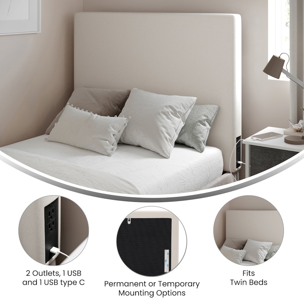 Upholstered Twin Headboard with Two Power Outlets, USB Port, Beige. Picture 4