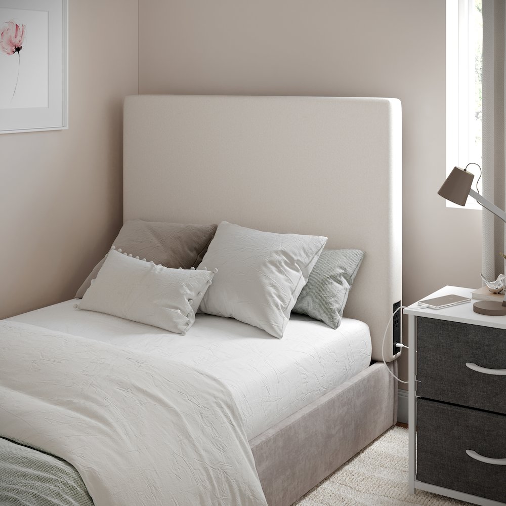Upholstered Twin Headboard with Two Power Outlets, USB Port, Beige. Picture 3