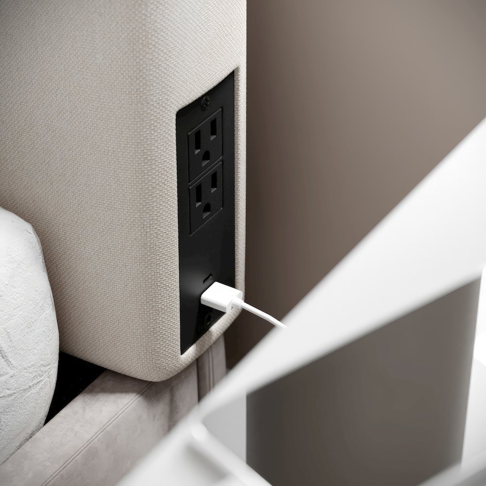 Upholstered Twin Headboard with Two Power Outlets, USB Port, Beige. Picture 6