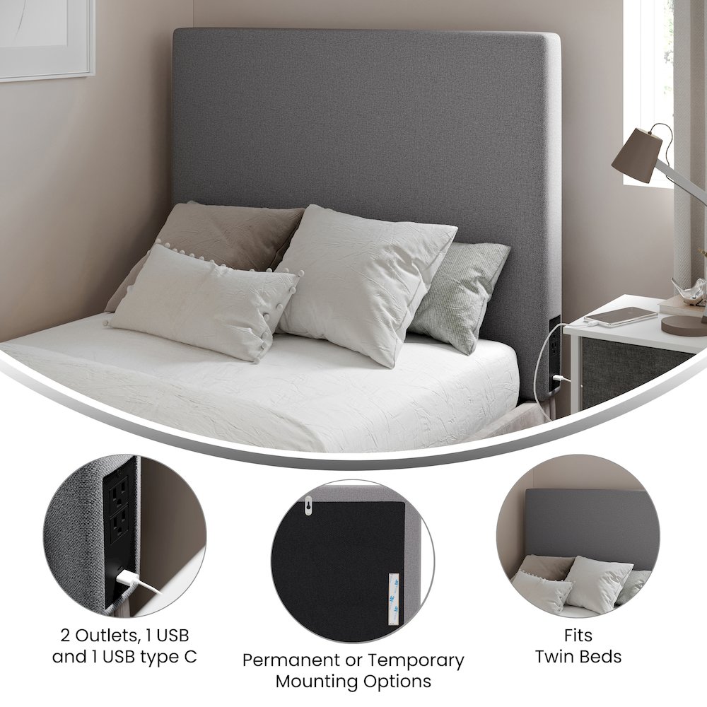 Upholstered Twin Headboard with Two Power Outlets, USB Port, Gray. Picture 4