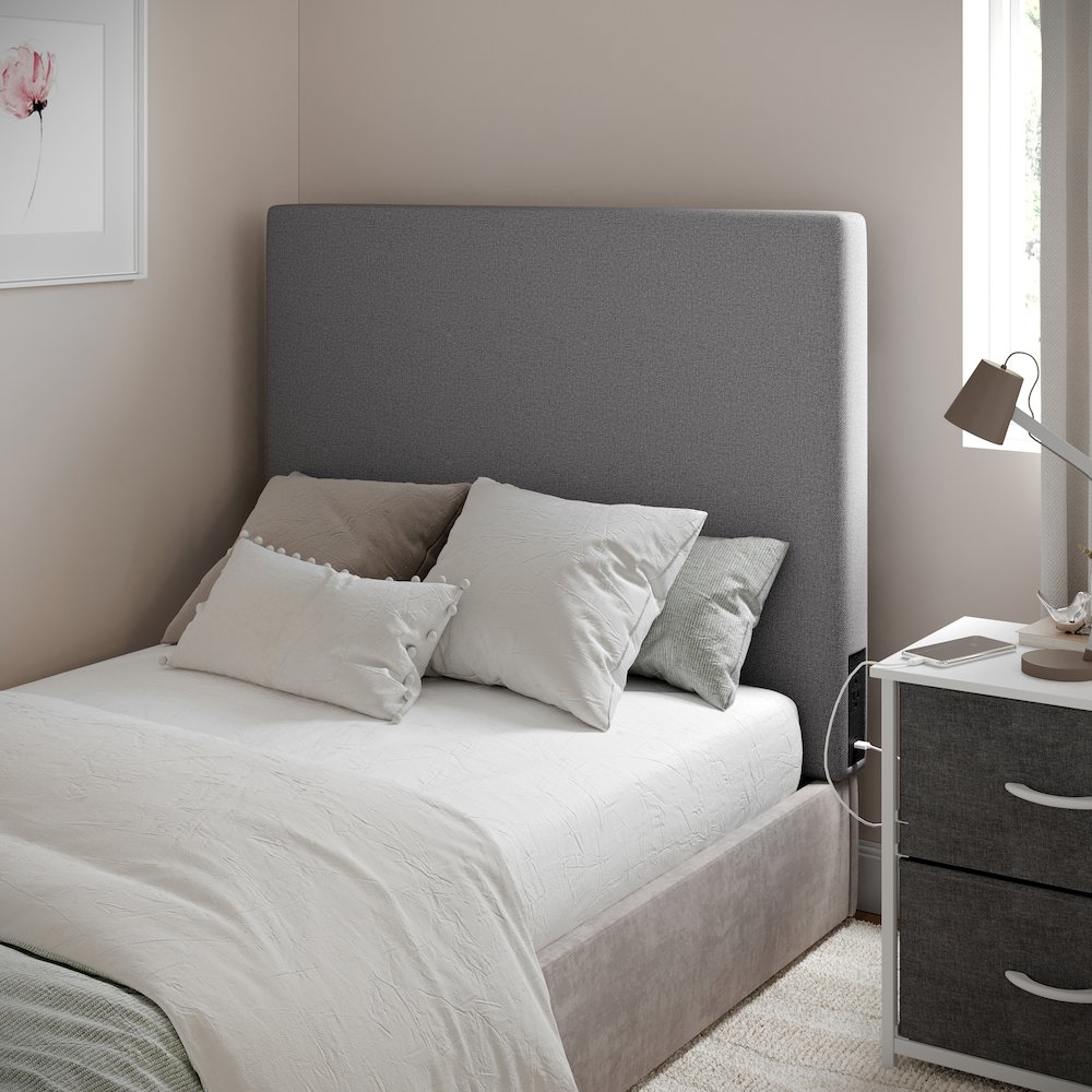 Upholstered Twin Headboard with Two Power Outlets, USB Port, Gray. Picture 3