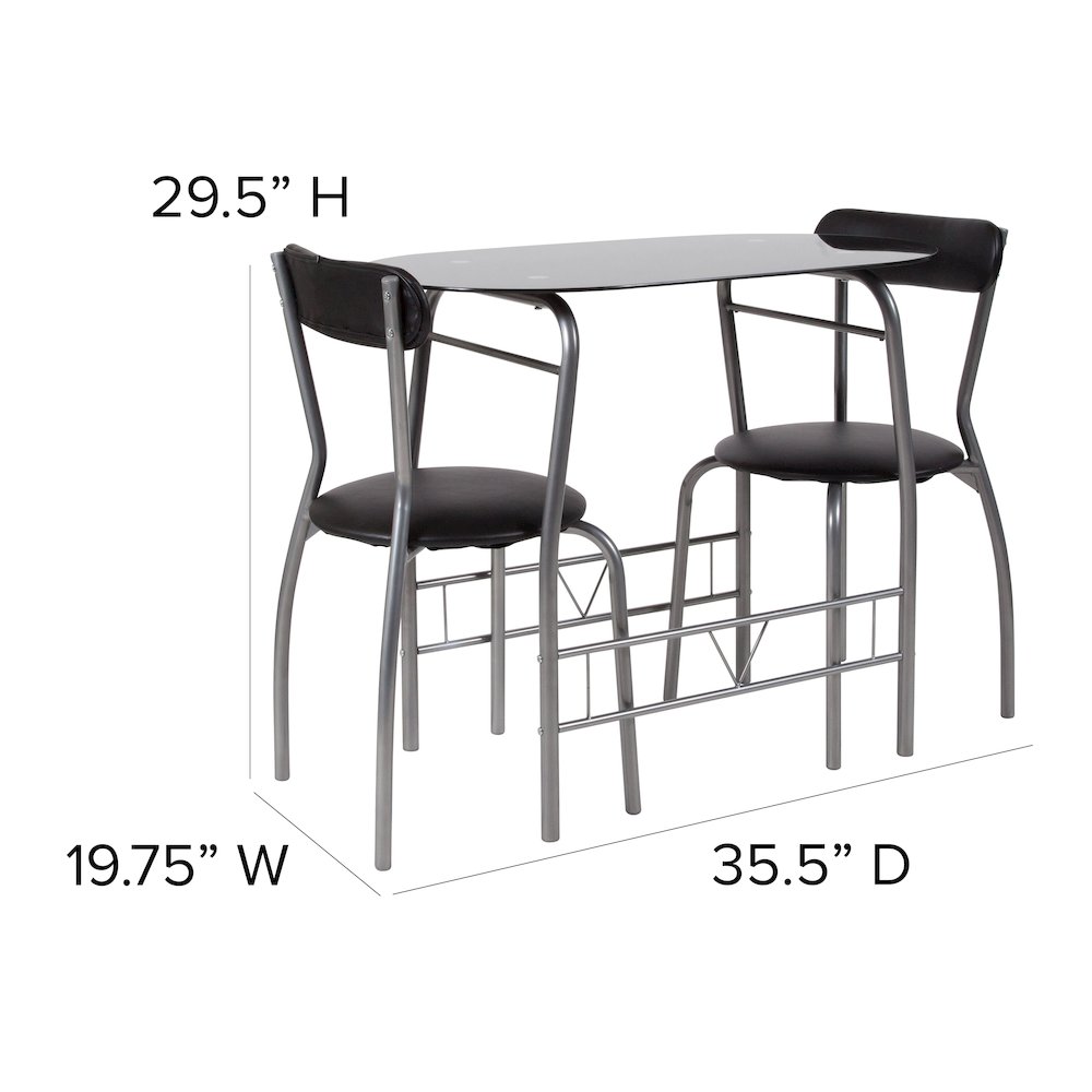 3 Piece Bistro Set with Black Glass Top Table and Black Vinyl Padded Chairs. Picture 6