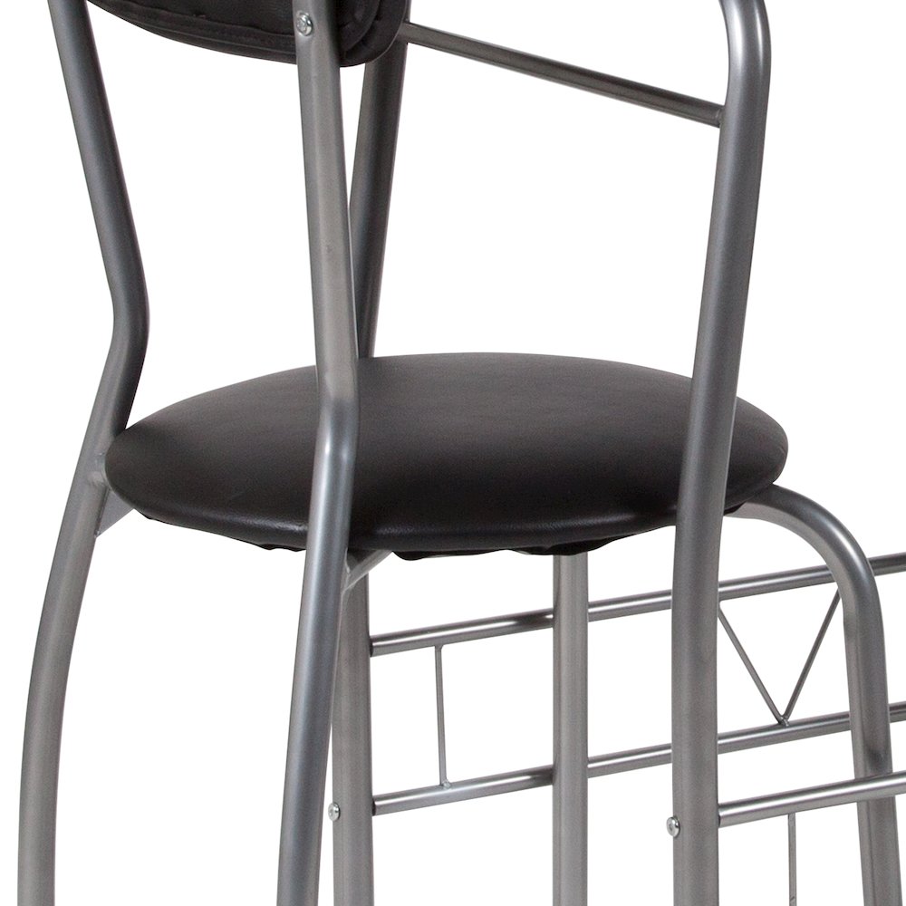 3 Piece Space-Saver Bistro Set with Black Glass Top Table and Black Vinyl Padded Chairs. Picture 3
