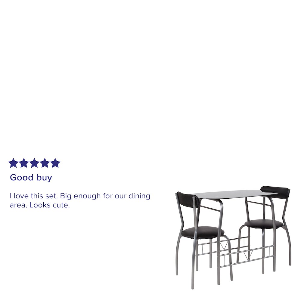 3 Piece Space-Saver Bistro Set with Black Glass Top Table and Black Vinyl Padded Chairs. Picture 6