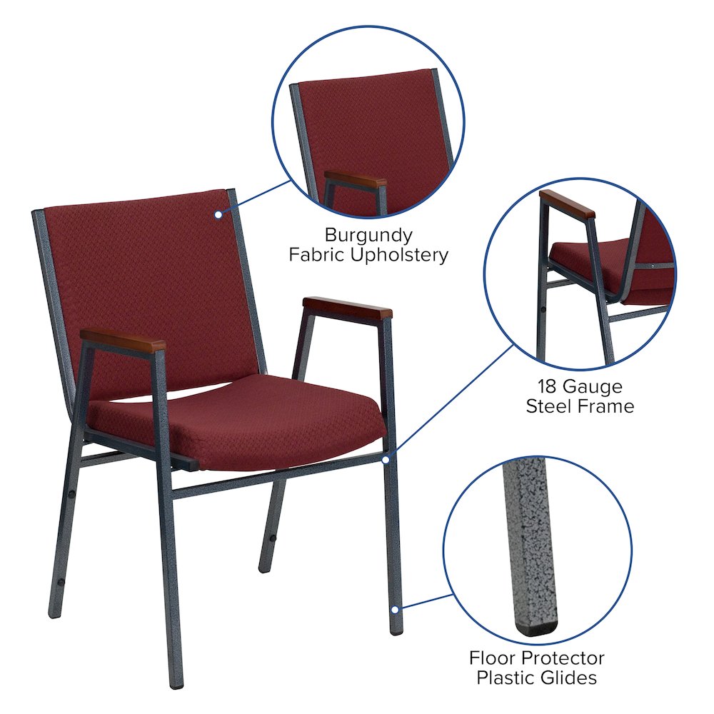 Heavy Duty Burgundy Patterned Fabric Stack Chair with Arms. Picture 9