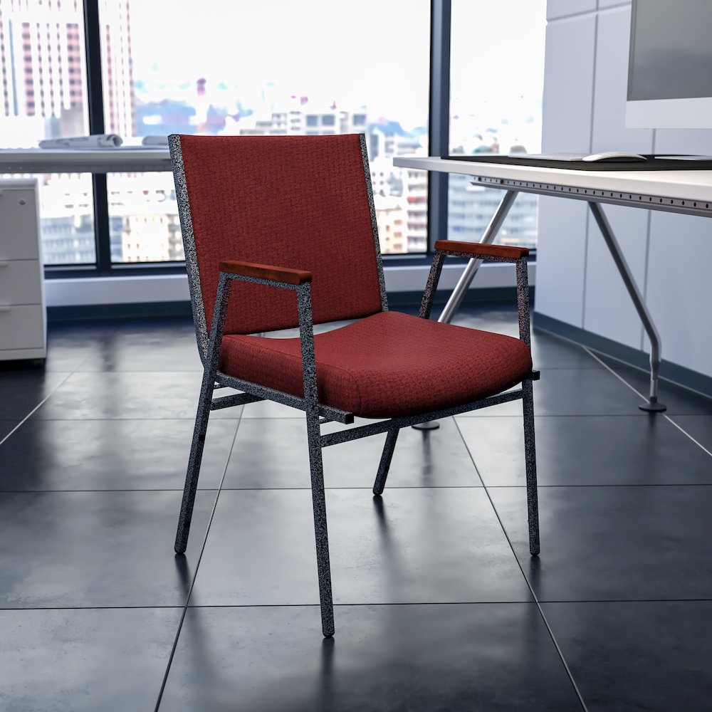 Heavy Duty Burgundy Patterned Fabric Stack Chair with Arms. Picture 2