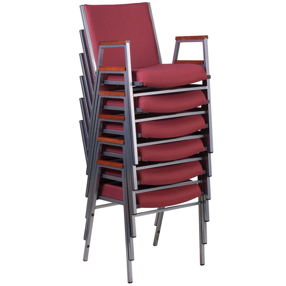 Heavy Duty Burgundy Patterned Fabric Stack Chair with Arms. Picture 6