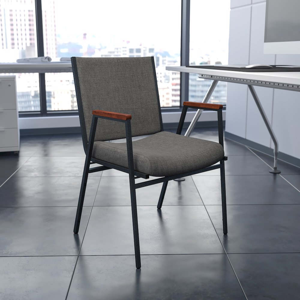 Heavy Duty Gray Fabric Stack Chair with Arms. Picture 2