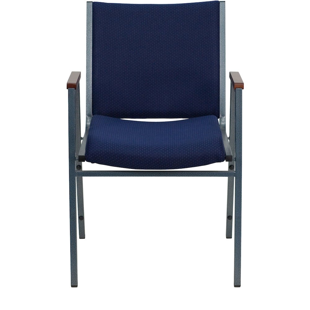 Heavy Duty Navy Blue Dot Fabric Stack Chair with Arms. Picture 4