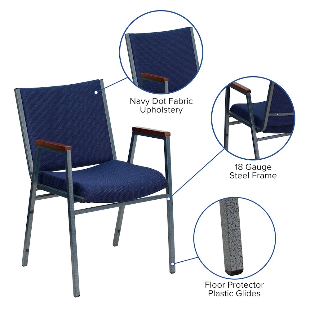 Heavy Duty Navy Blue Dot Fabric Stack Chair with Arms. Picture 5