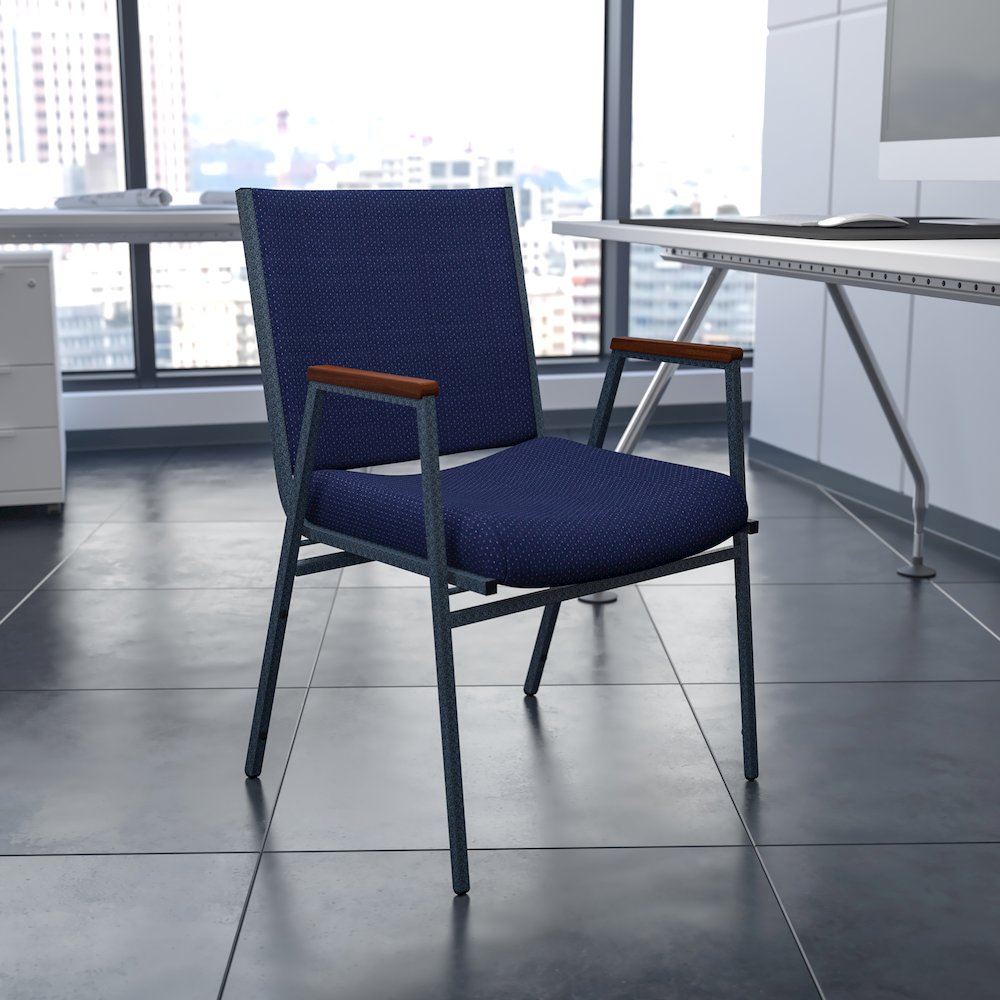 Heavy Duty Navy Blue Dot Fabric Stack Chair with Arms. Picture 2