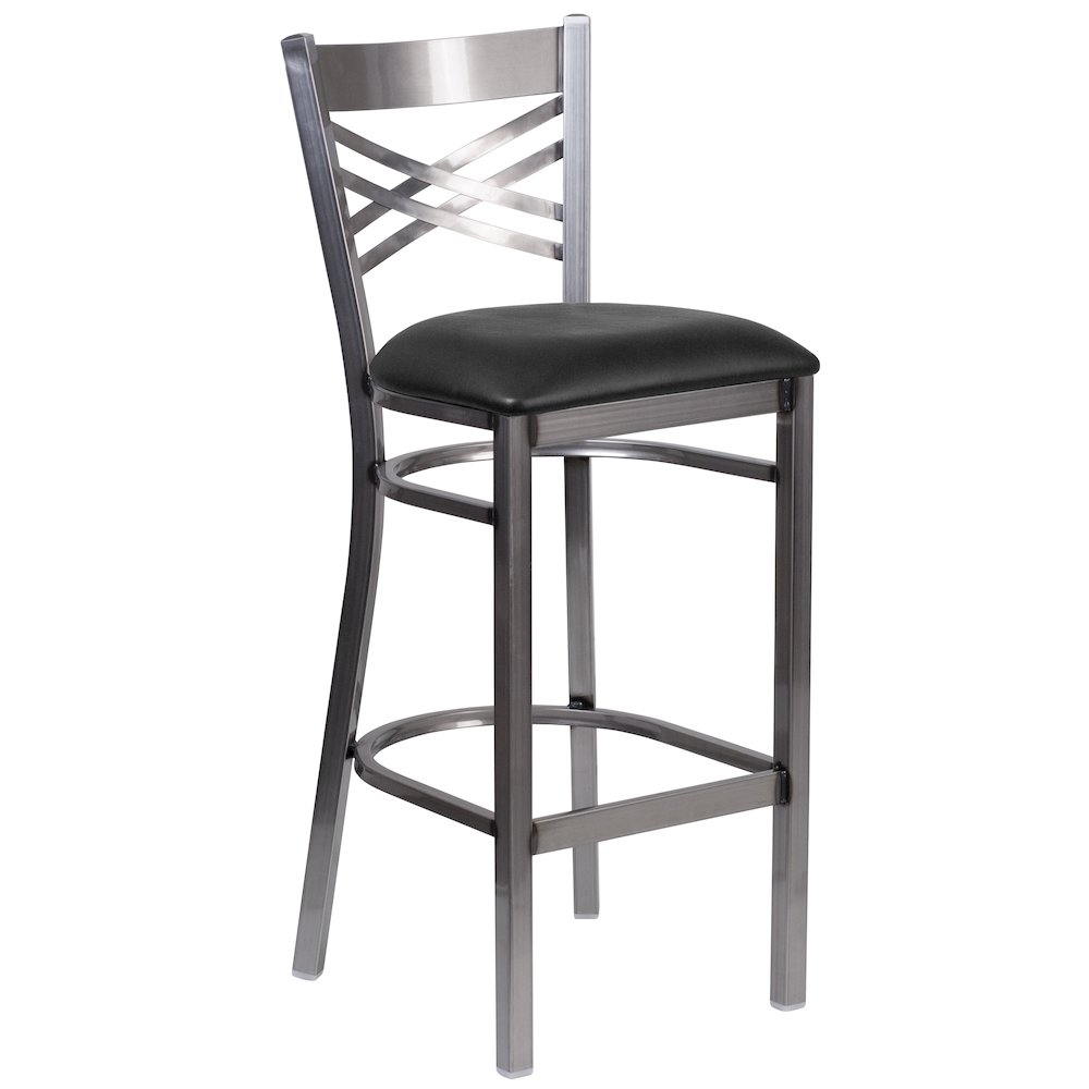 Clear Coated ''X'' Back Metal Restaurant Barstool - Black Vinyl Seat. Picture 1