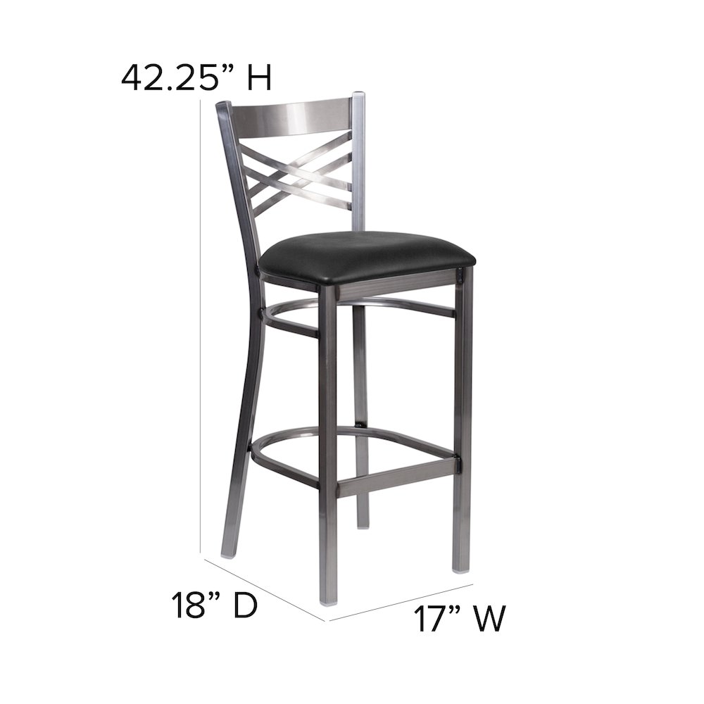 Clear Coated ''X'' Back Metal Restaurant Barstool - Black Vinyl Seat. Picture 6
