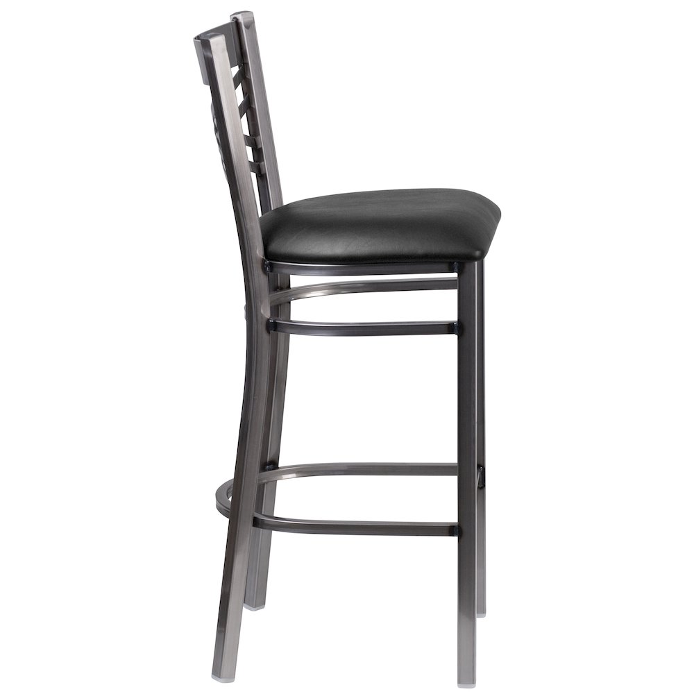 Clear Coated ''X'' Back Metal Restaurant Barstool - Black Vinyl Seat. Picture 2