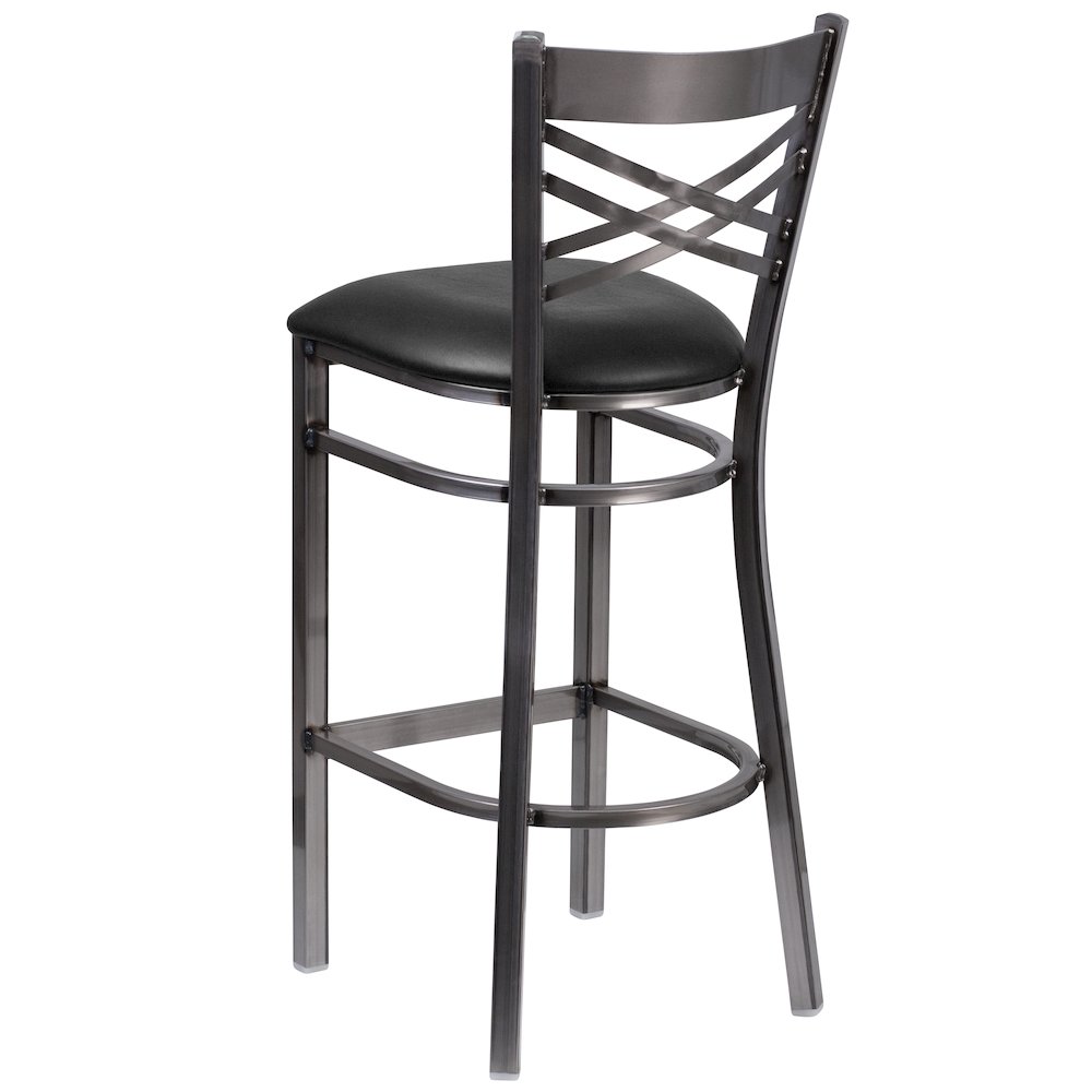 Clear Coated ''X'' Back Metal Restaurant Barstool - Black Vinyl Seat. Picture 3