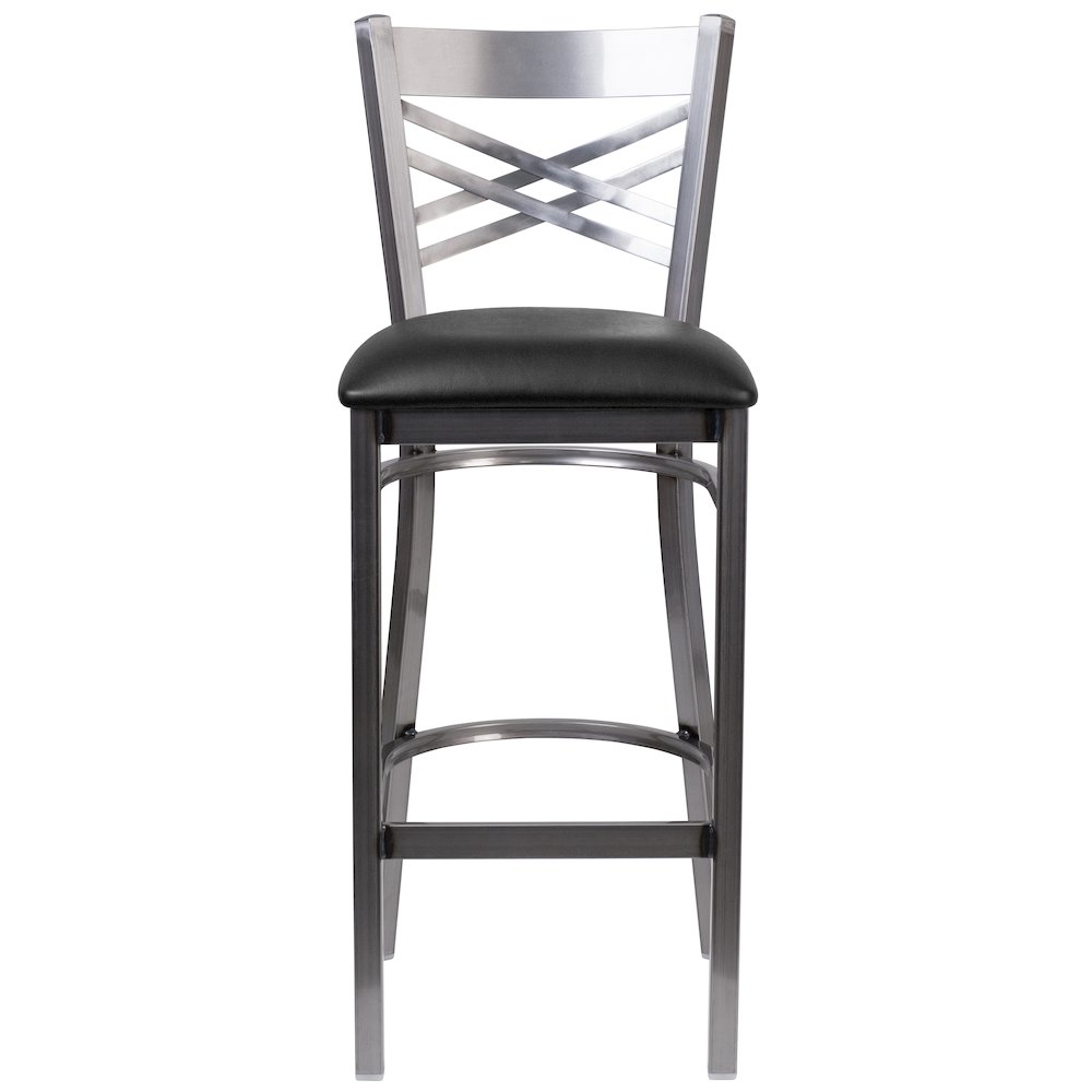 Clear Coated ''X'' Back Metal Restaurant Barstool - Black Vinyl Seat. Picture 4