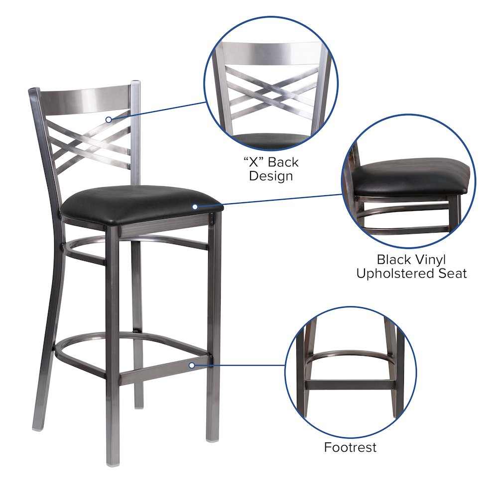 Clear Coated ''X'' Back Metal Restaurant Barstool - Black Vinyl Seat. Picture 5