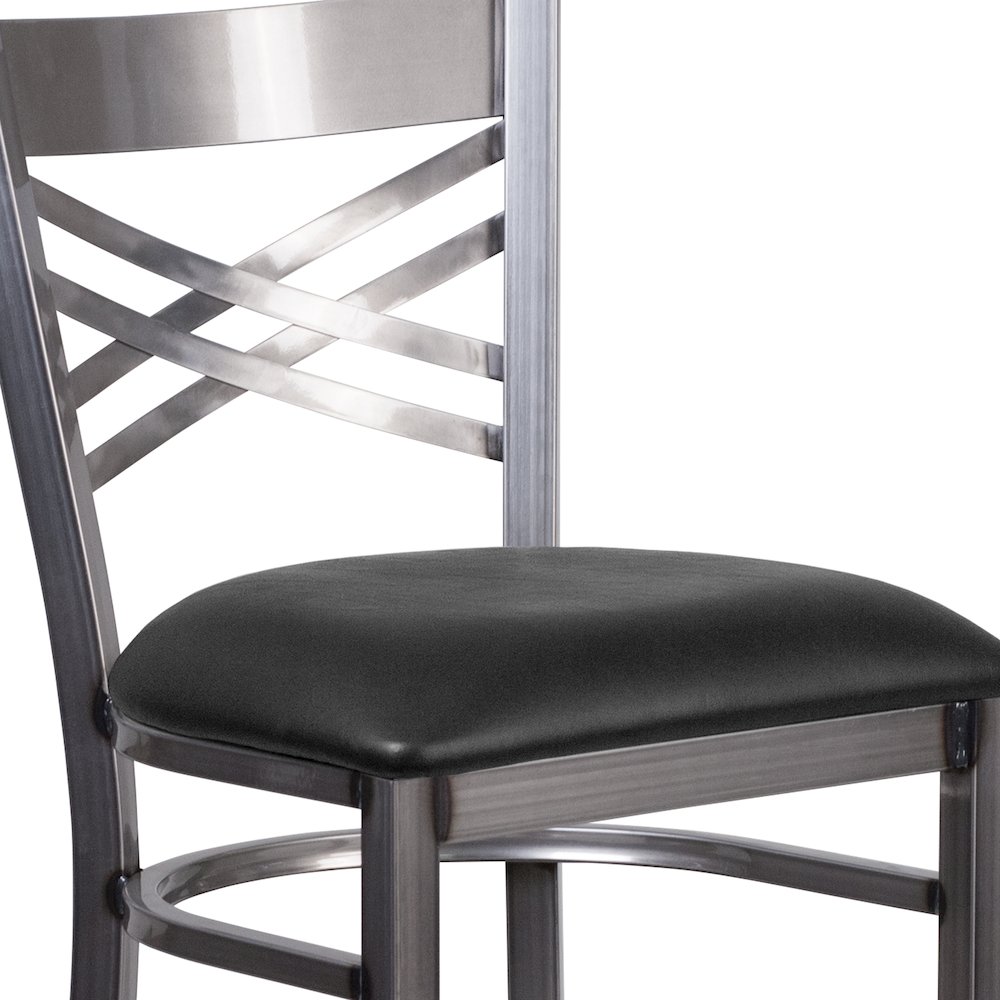 Clear Coated ''X'' Back Metal Restaurant Barstool - Black Vinyl Seat. Picture 8