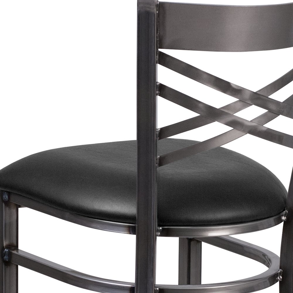 Clear Coated ''X'' Back Metal Restaurant Barstool - Black Vinyl Seat. Picture 11