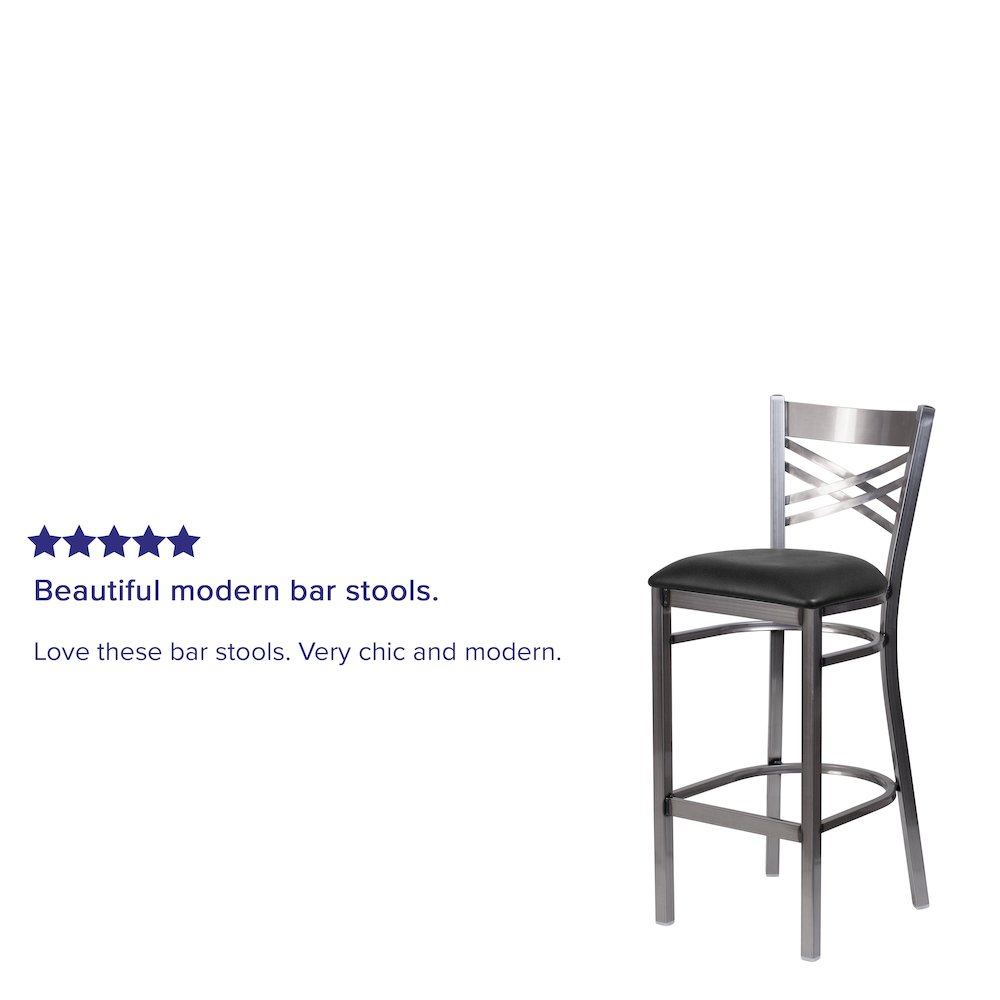 Clear Coated ''X'' Back Metal Restaurant Barstool - Black Vinyl Seat. Picture 4