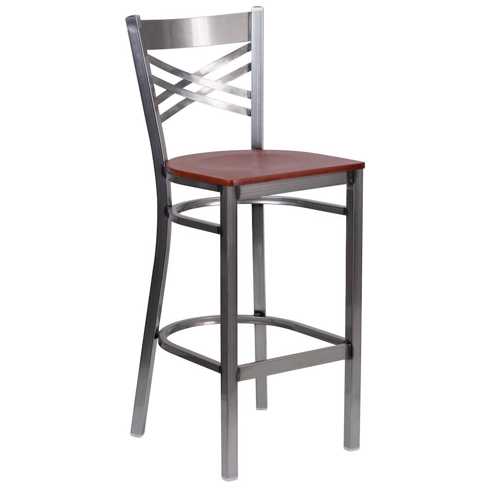 Clear Coated ''X'' Back Metal Restaurant Barstool - Cherry Wood Seat. Picture 1
